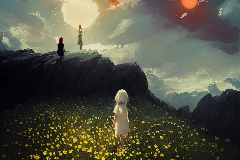 Image similar to giant white daisies flowers blooming over head, girl standing on cliff, surreal photography, solar eclipse, milky way, dramatic light, impressionist painting, clouds, digital painting, artstation, james gilleard, liam wong, jeremy mann, simon stalenhag