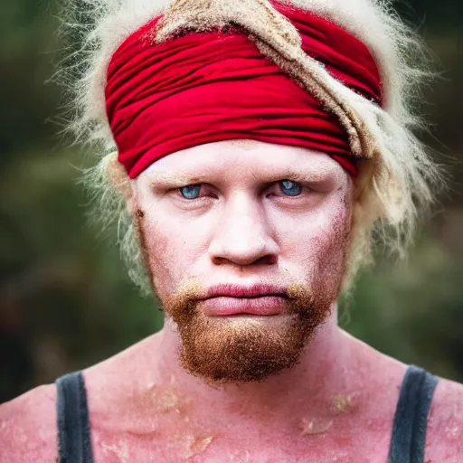 Prompt: photo portrait of an rugged albino albino african african pirate with a red headband | brown vest | young adult stong, small blonde mustache, afro blonde hair, stern face, rugged and dirty outdoors at a beach, cinematic lighting at sundawn outdoors, movie color grading