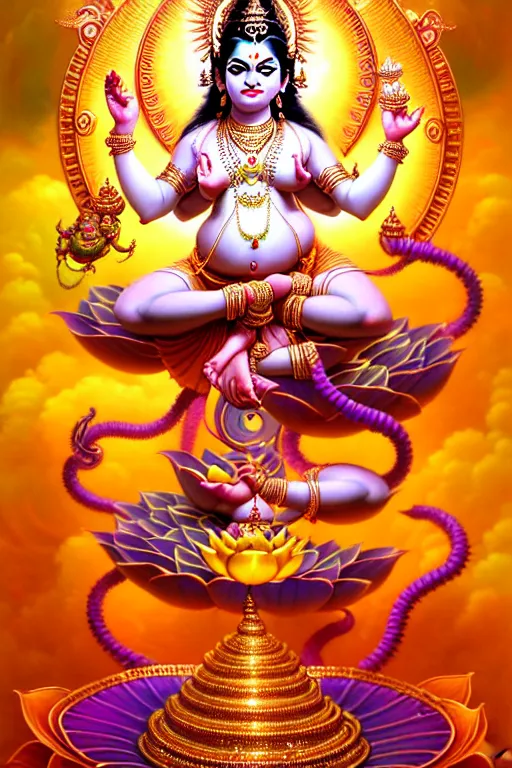 Image similar to beautiful hindu goddess lakshmi fantasy character portrait, four arms, standing on a lotus, single figure composition, full body, chubby, ultra realistic, intricate details, the fifth element artifacts, highly detailed by peter mohrbacher, hajime sorayama, wayne barlowe, boris vallejo, aaron horkey, gaston bussiere, craig mullins