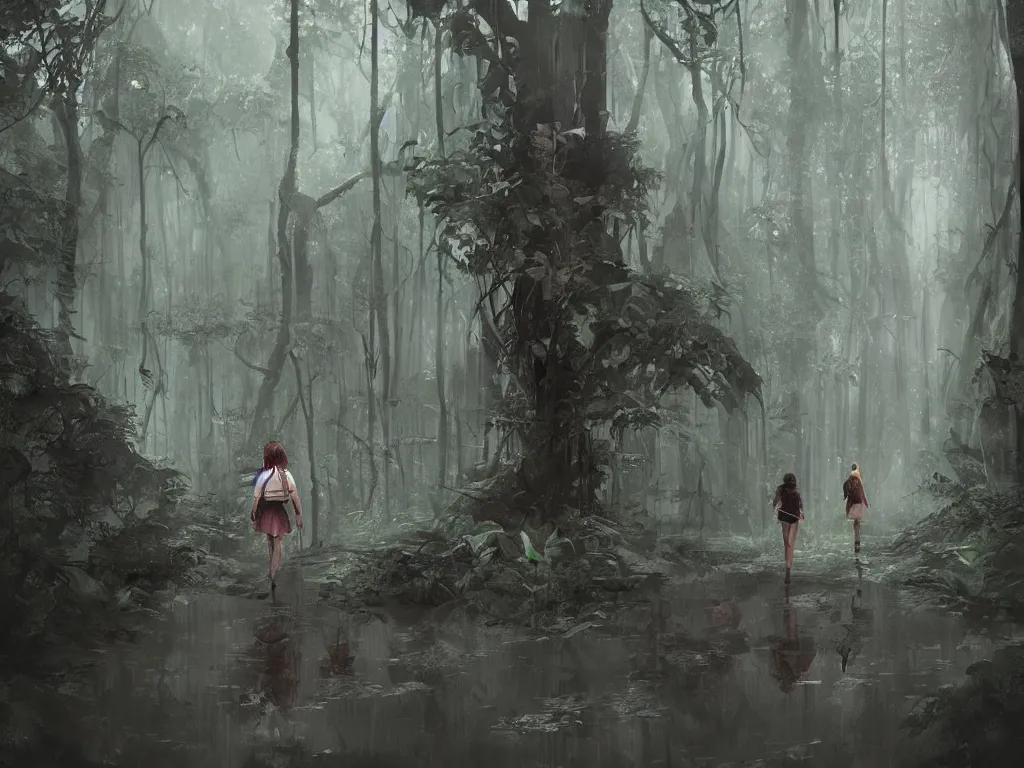 Prompt: a girl in the form of a hunter walking through a rain forest, gloomy picture, illustration, highly detailed, digital painting, concept art, art by wlop, masterpiece