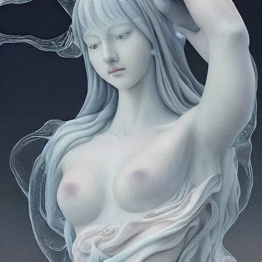 Image similar to “a delicate renaissance marble sculpture covered with water veil, highly detailed transparent marble cloth, a beautiful girl with long black hair in, island background, intricate, highly detailed, digital painting, artstation, official media, anime key visual, concept art, rich vivid colors, ambient lighting, sharp focus, illustration, art by Artgerm, Makoto Shinkai, Ilya Kuvshinov, Lois Van Baarle, and Rossdraws, gi, global illumination, physically based rendering, photorealistic, top light , dark background”