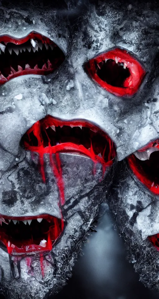 Image similar to up close shot of two vampire fangs, winter, dark scenery, dark lighting, cinematic, cold freezing nights, laser lights, crybernetic, top floor boss shit, destroy lonely, black floor, lavish, luxurious, marble walls, cinematic, hyper realism, high detail, octane render, 8 k