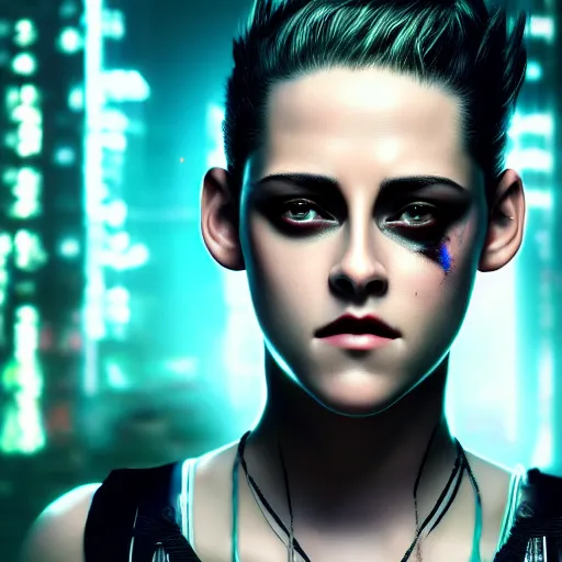 Prompt: kristen stewart portrait, Cyberpunk 2077, photorealistic, ultra detailed, cybernetic head, neon, octane, bokeh, cyber, cyber style, feature, scars, cyberface, 8k