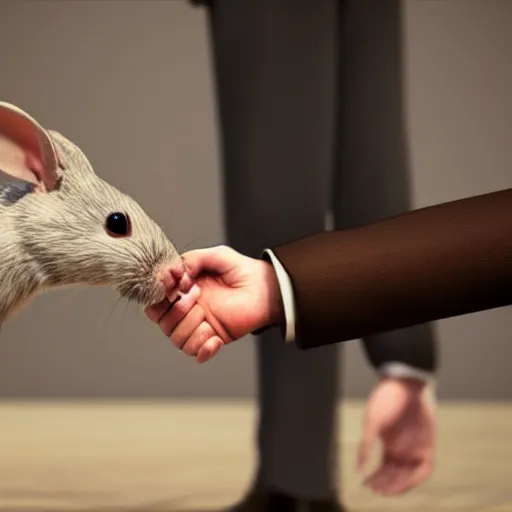 Prompt: a mouse in a suit shaking hands with a rabbit in a suit. Unreal 5 render