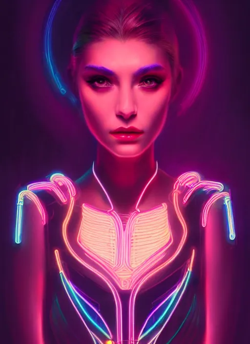 Image similar to portrait of female humanoid from 6 0 s era, intricate, elegant, cyber neon lights, highly detailed, digital painting, artstation, glamor pose, concept art, smooth, sharp focus, illustration, art by artgerm and greg rutkowski