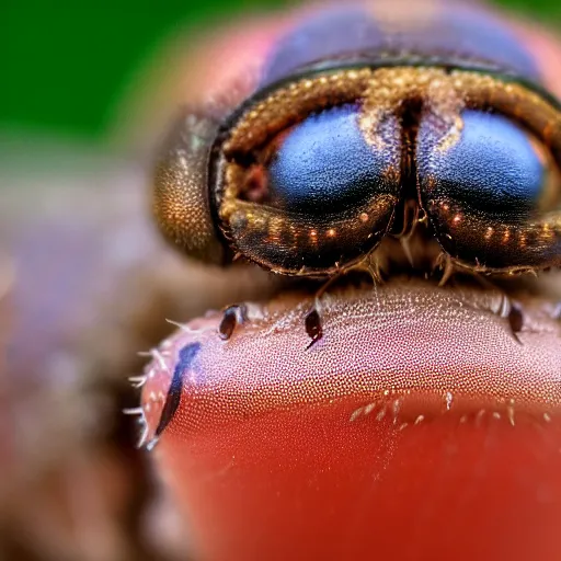 Image similar to macro lenses of a fruit fly. Small Insect. Very detailed. Great zoom. Award winning photography. 4k