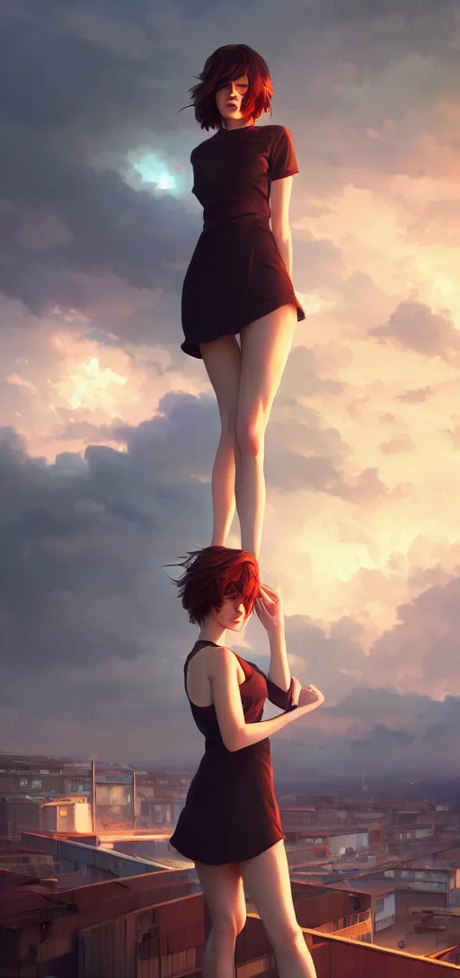 Image similar to a beautiful british woman with short brown hair, gentle, somber amber eyes, standing on a rooftop, storm in the distance, basic clothing, digital art by makoto shinkai ilya kuvshinov and wojtek fus, digital art, concept art,