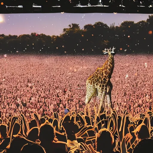 Image similar to a giraffe is standing on a big festival stage, singing, the crowd is cheering, photorealistic