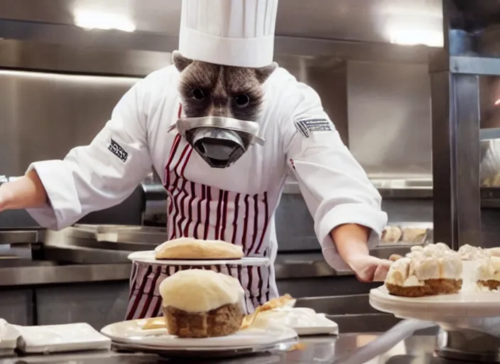 Image similar to film still of Rocket Racoon working as a pastry chef in the new Avengers movie, 4k