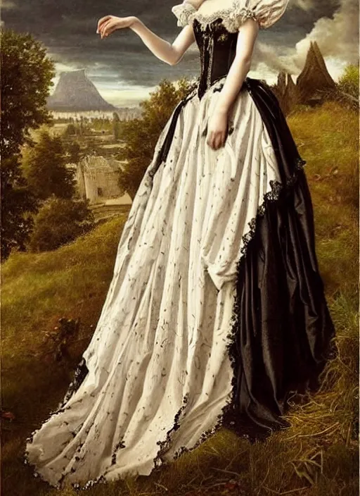 Image similar to gothic princess in baroque dress in a scenic environment. by * * henriette ronner * *