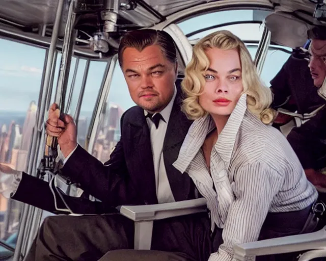 Image similar to leonardo dicaprio as the wolf of wall street next to margot robbie as naomi from the wolf of wall street in a helicopter, hyper realistic faces, beautiful eyes, cinematic, long shot, hyper detailed, 8 5 mm photograph, 8 k resolution, film still, sharp lens, wide lens