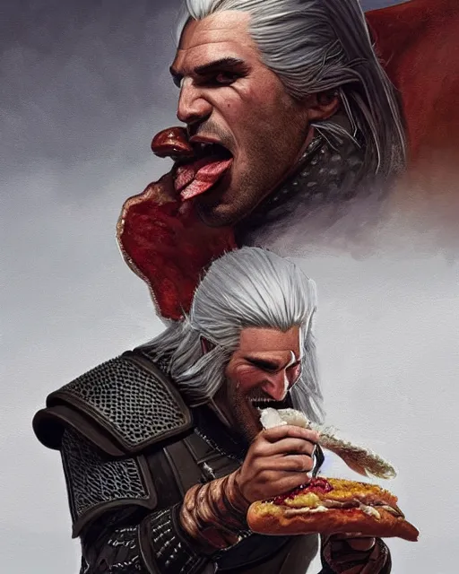 Image similar to portrait of geralt of rivia stuffing a hamburger in his mouth, fantasy, intricate, elegant, highly detailed, digital painting, artstation, concept art, smooth, sharp focus, illustration, by artgerm and greg rutkowski