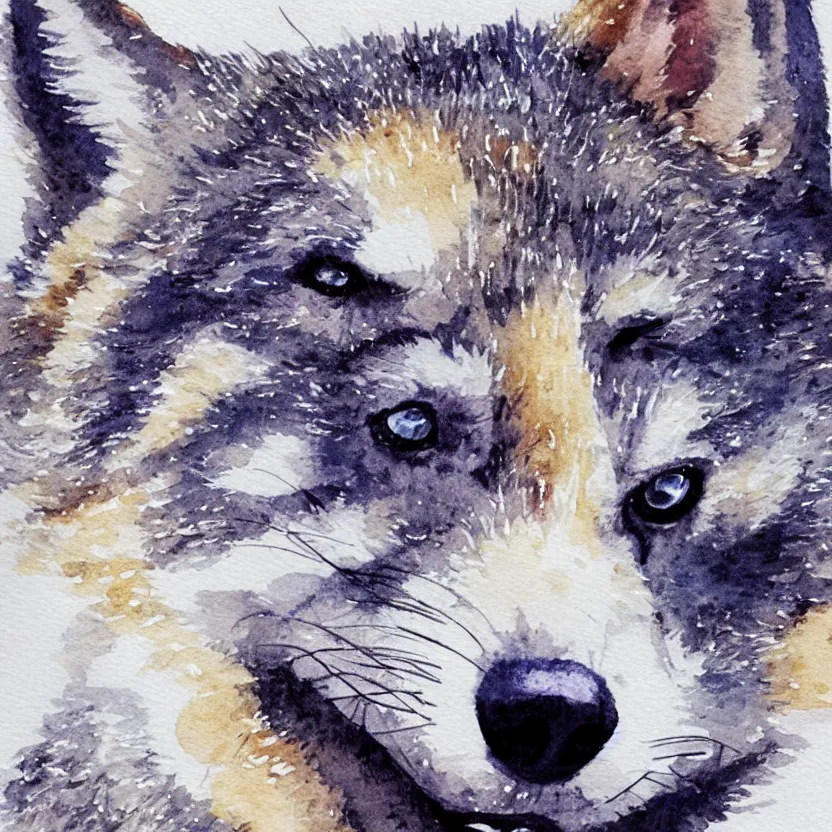 Prompt: detailed watercolor illustration of a cute and thoughtful wolf pup