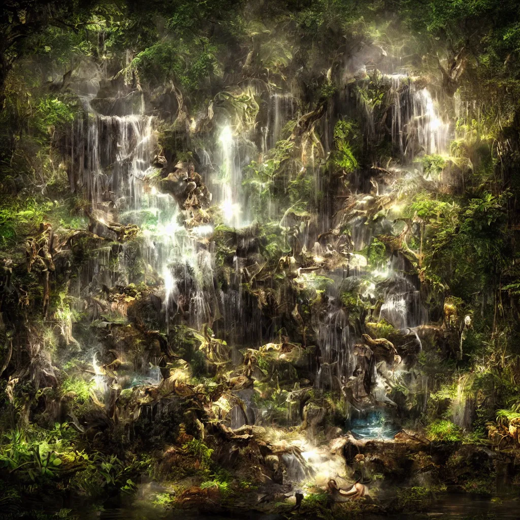 Prompt: stunning illustration, forest, huge skull head, waterfall, fountain, darkness, light, river, render