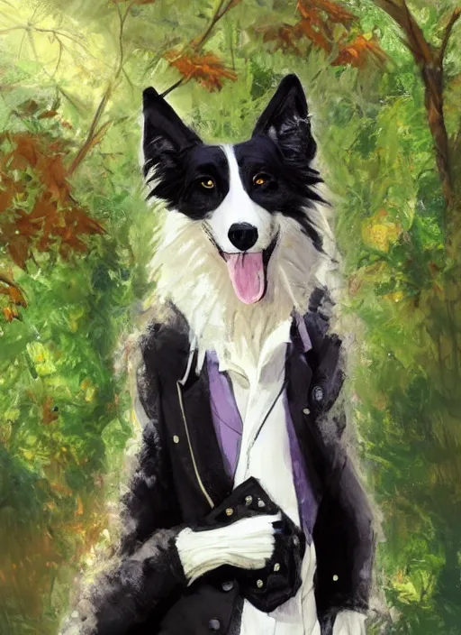 Image similar to portrait of a cute anthro male anthropomorphic border collie fursona wearing a suit in a sunny glade. by henry asencio, jon foster, and ross tran. scenic background, highly detailed, concept art, furry, glamor pose, elegant, aesthetic, beautiful, trending on artstation, top rated on furaffinity and deviantart