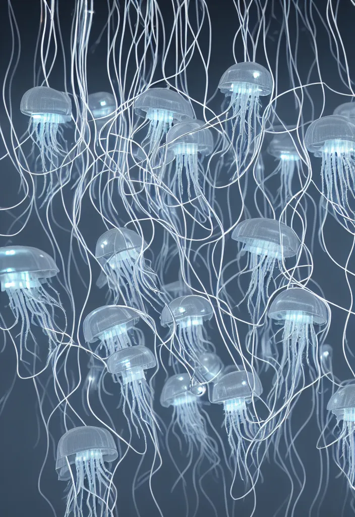 Image similar to a bunch of translucent man's heads which looks like jellyfish mixed with wires and led diodes and radioparts lying in the dark corner of the warehouse, high resolution, sci - fi, cyperpunk, octane render, 8 k