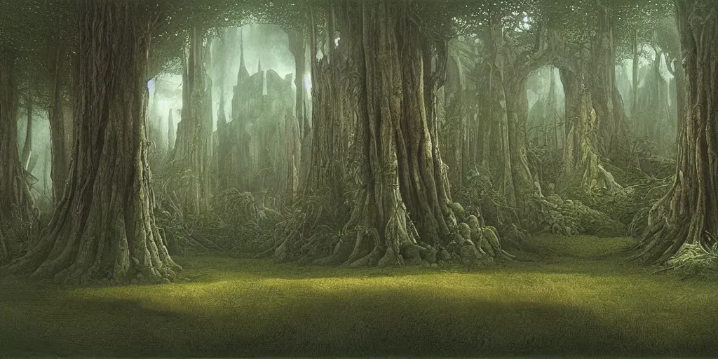 Image similar to Artwork by John Howe of The cinematic view of The Forest of Lost Twilight, a Forest, within which can be found an epitomic manor.