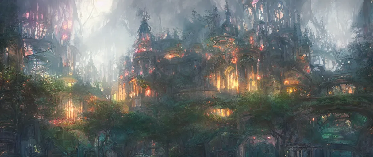 Prompt: huge academic castle city in the forest behind a garden, concept art, digital painting, style of jordan grimmer, warm lighting, futuristic, volumetric lighting, view from below, vivid colours, bright, daytime, godrays, high detail