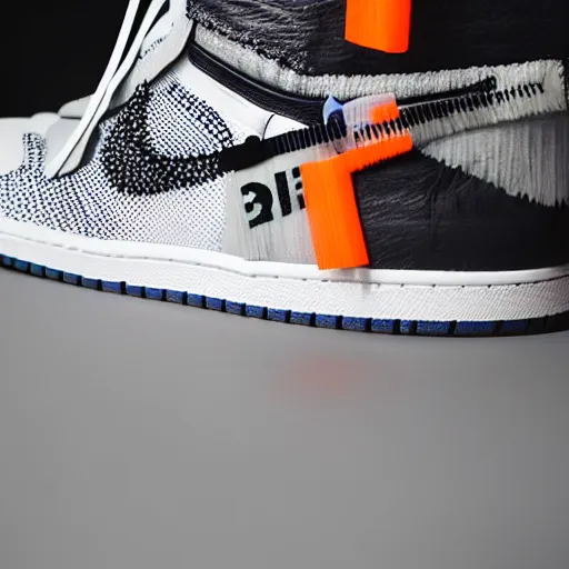 Image similar to a studio photoshoot of Nike Off-white Jordan 1 sneakers designed by Virgil Abloh, transparent knitted mesh material, gum rubber outsole, realistic, color film photography by Tlyer Mitchell, 35 mm, Graflex