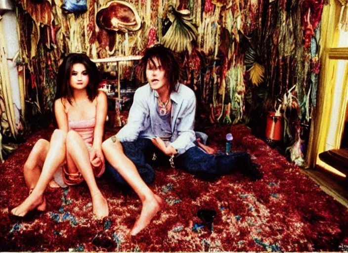 Prompt: Selena Gomez and Young Johnny Depp eating mushrooms and tripping in a shag carpet house, photograph by Annie Leibovitz