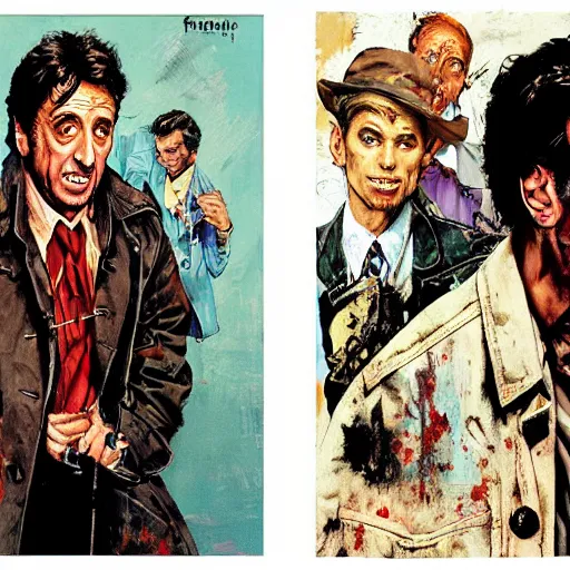 Prompt: full body and head portrait of al pacino in tattered suit and trench coat, dynamic action, painted by norman rockwell and phil hale and greg staples and tom lovell and frank schoonover and jack kirby