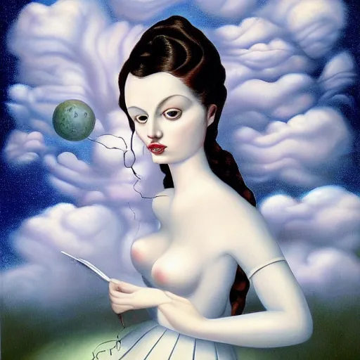 Image similar to a painting of a woman surrounded by clouds, a surrealist painting by mark ryden, featured on deviantart, pop surrealism, cosmic horror, lovecraftian, poster art