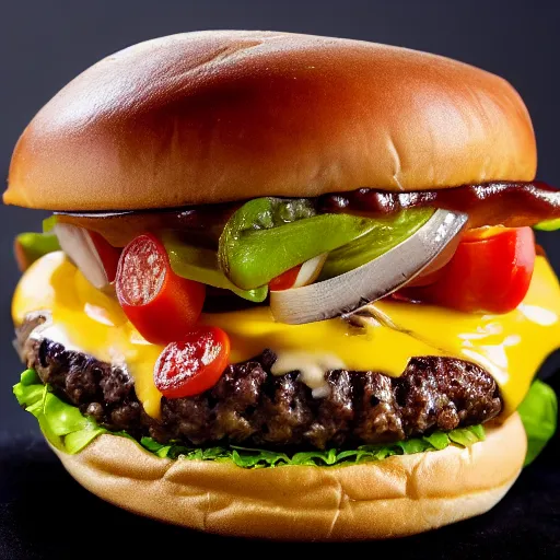 Image similar to close ups photo of a delicious cheeseburger with lots of toppings, studio lighting 1 0 0 mm photograph