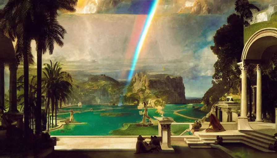 Prompt: Inside the giant Palace, mediterranean balustrade and columns line, refracted sparkles, thunderstorm, greek pool, beach and Tropical vegetation on the background major arcana sky and occult symbols, by paul delaroche, hyperrealistic 4k uhd, award-winning, very detailed paradise