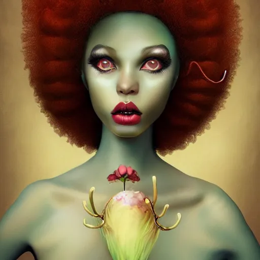 Image similar to of a woman with a afro , surreal Portrait inspired by Natalie Shau, Anna dittmann, plants growing on the head, horns,cinematic