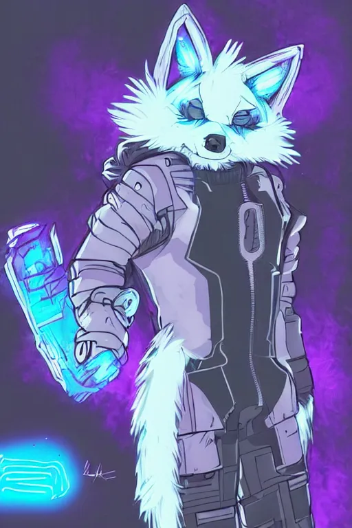 Image similar to a cyberpunk anthropomorphic wolf with a fluffy tail, comic art, trending on furaffinity, cartoon, kawaii, backlighting, furry art!!!, neon, concept art