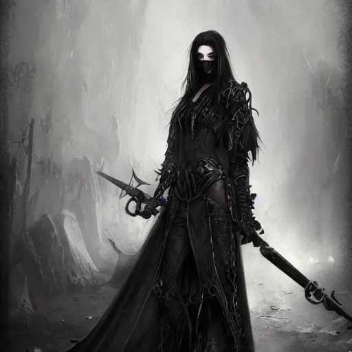 Prompt: kerli koiv as grim reaper, grimdark, darkwave, darksynth, concept headshot art, sharp, digital matte painting, art by luis royo, greg rutkowski, wlop, dramatic lighting, trending on artstation