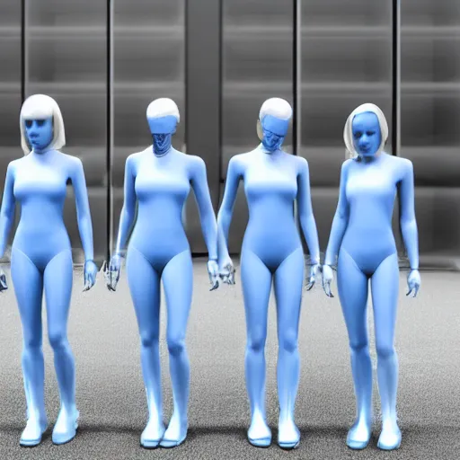 Image similar to troop of cloned women with white bob hairdos, tight light blue space cadet suits, futuristic cloning facility, sci - fi, highly detailed, cinematic