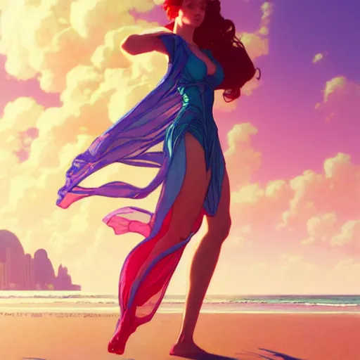 Prompt: synthwave woman walking on the beach wearing casual clothes by artgerm, cushart krenz, greg rutkowski, mucha. art nouveau, tropical atmosphere, vibrant colors, painting, sharp edges. ultra clear detailed. 8 k. elegant, intricate, octane render