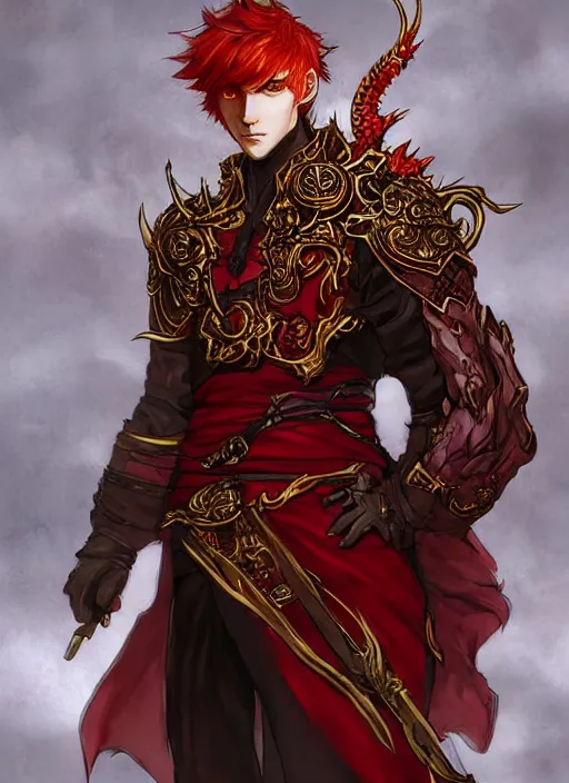 Image similar to Half body portrait of a handsome young red haired elven monk prince with dragon eyes, staff and red and golden ornate dragon robe. In style of Yoji Shinkawa and Hyung-tae Kim, trending on ArtStation, dark fantasy, great composition, concept art, highly detailed.