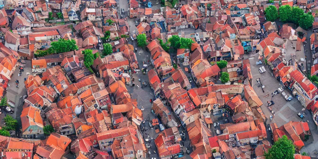 Image similar to Aerial perspective of a fantasy town winding narrow streets a multicolored marketplace full of people, red brick rooves and smoke from chimneys