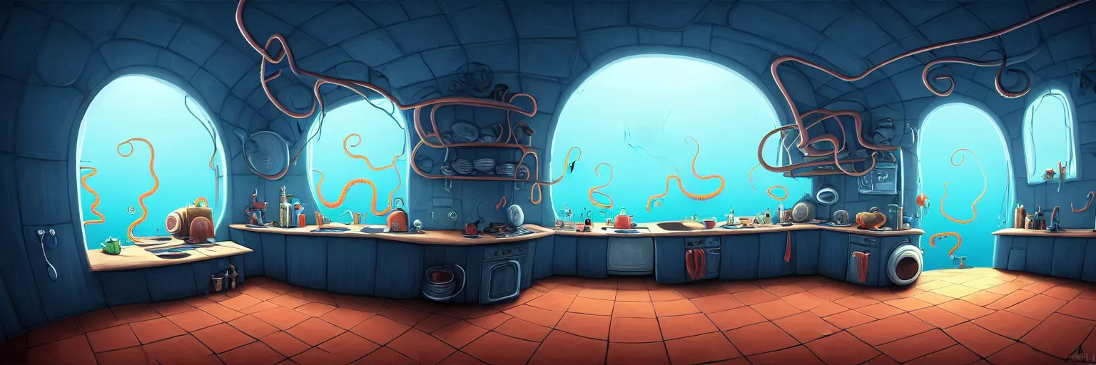 Prompt: claustrophobic, dark colors palette, fisheye spiral lines, naive, extra narrow, detailed illustration of a kitchen, large floor, octopus shaped by rhads from lorax movie, trending artstation, dark blue underwater