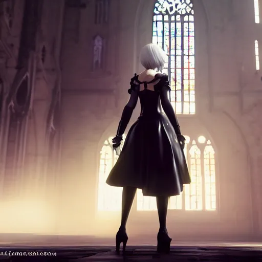 Image similar to 2B nier automata standing in front of a church, detailed, artstation, concept art, Unreal Engine 5 render, 8K