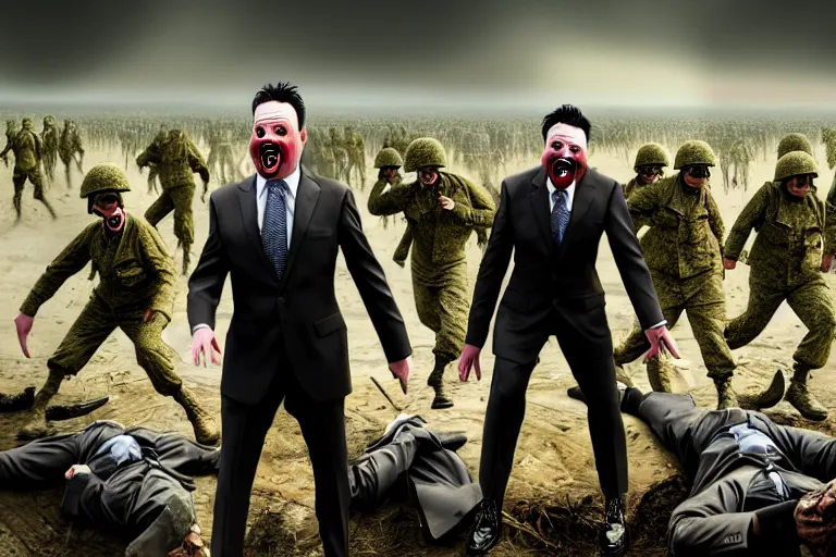 Image similar to one Comedian in suit and tie performing in a battle-field with dead bodies on the ground, detailed face, comedian is funny, performing to dead soldiers, nuclear bomb in far horizon, apocalypse, trending on artstation, artstationHD, hyperdetailed matte painting, highly detailed, digital painting, hyper-realistic, realistic, photo-realistic