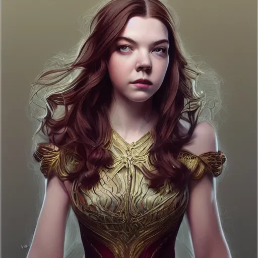 Image similar to Adult Anya Taylor-Joy, intricate, elegant, highly detailed, centered, digital painting, artstation, concept art, smooth, sharp focus, illustration, art by artgerm and donato giancola and Joseph Christian Leyendecker, Ross Tran, WLOP