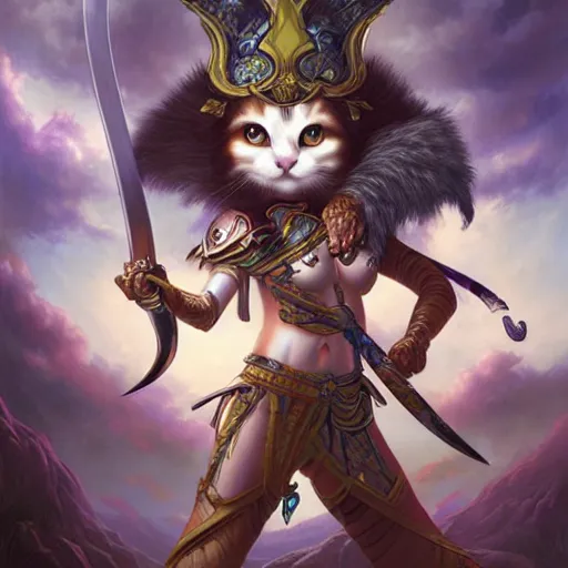 Prompt: anthropomorphic calico cat warrior wielding a sword, highly detailed matte fantasy painting, stormy lighting, by ross tran, by artgerm, by lisa frank, by brom, by peter mohrbacher