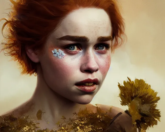 Prompt: 5 5 mm portrait photo of young redhead short hair emilia clarke with flower face paint, gold atmosphere. art by greg rutkowski. highly detailed 8 k. intricate. lifelike. soft light. nikon d 8 5 0.