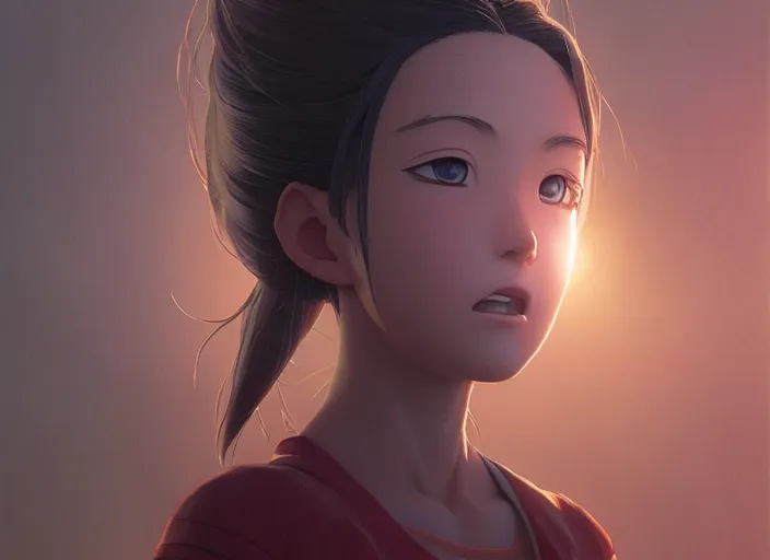 Prompt: a 3 d film animation still portrait of a 2 0 2 0's manga heroine, finely detailed features, sun light, painted by greg rutkowski, akira toriyama studio ghibli