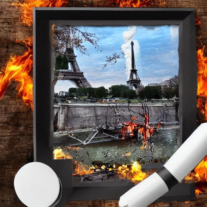 Prompt: zombie drinking water with eifel tower on fire photo realistic