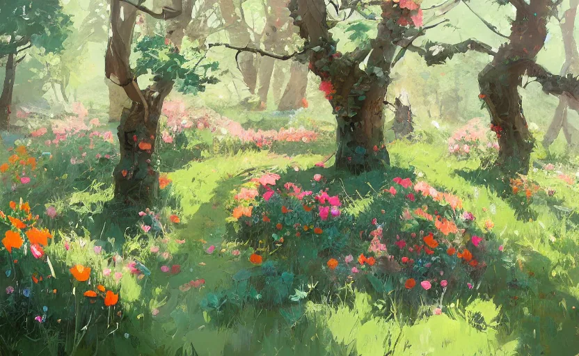 Image similar to cute cozy floral forest game by atey ghailan and michael garmash, plein air