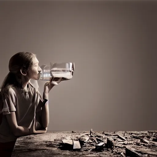 Prompt: a teenage girl holds a glass of fresh water in a kitchen in the middle of the dead forest, close - up, depth field, advertising photography, 8 k, by nadav kander