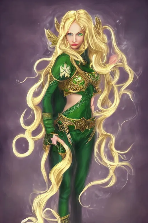 Image similar to fantasy, female, elf, fey - like, long curly hair, blond hair, warrior, dancer, green and white clothes, golden embossing, golden jewelry, swords, beautiful, elegant, portrait