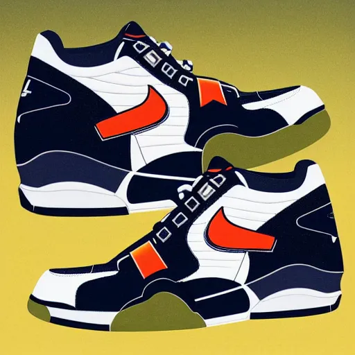 Prompt: retro futuristic Nike air trainer sneakers with straps by syd mead, matte painting, geometric shapes