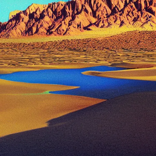 Prompt: Desert valley oasis in the style of Hudson River College, high texture and contrast