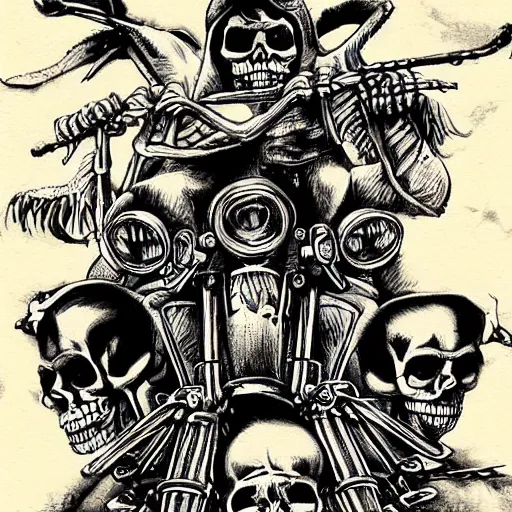 Image similar to outlaw bikers, as skeletons