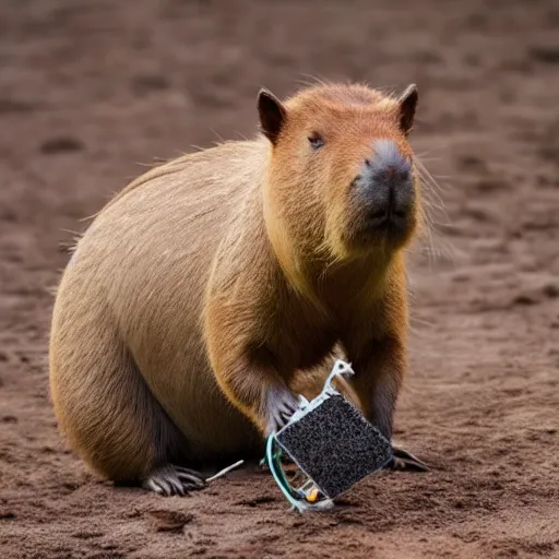 Prompt: a beautiful photo of a capybara chewing on a rtx 4 0 9 0 graphics card, eats a consumer gpu, wildlife photography, nvidia, kodak gold 2 0 0, depth of field, 2 5 mm f / 1. 7 asph lens, natural lighting, award - winning photo